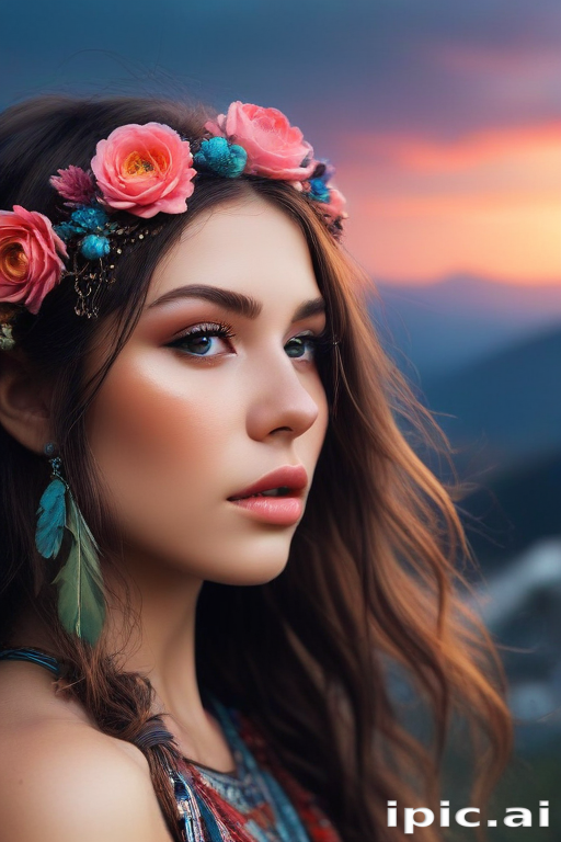 Enchanting Portrait of a Young Woman with Floral Headpiece at Sunset