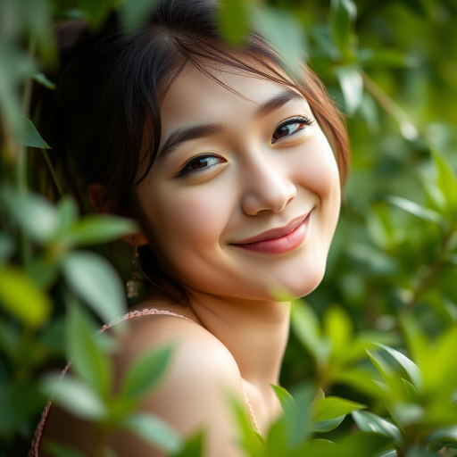 portrait of a young woman playfully winking and making a cute expression surrounded by greenery, soft natural lighting, aperture f/1.8, shutter speed 1/200s, ISO 200, shot with a DSLR camera in a close-up view for enhanced detail and clarity