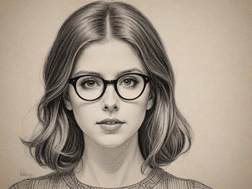 Magnificent Anna Kendrick, pencil sketch, portrait of Charming woman 1920s in glasses, hair style beatnik, outline, clear lines, fine lines, 8k