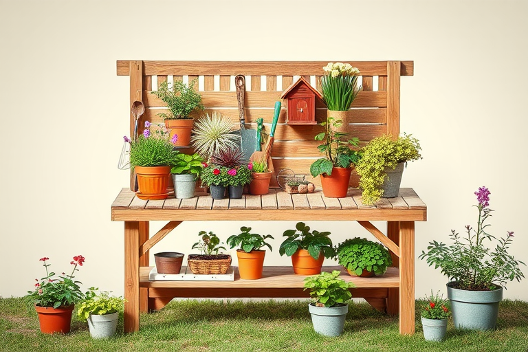 Create an image of a wooden gardening potting bench filled with various potted plants, gardening tools, and a birdhouse, set against a soft gradient background; use a DSLR camera with 50mm lens, f/2.8 aperture, ISO 200, and natural lighting for enhanced quality.