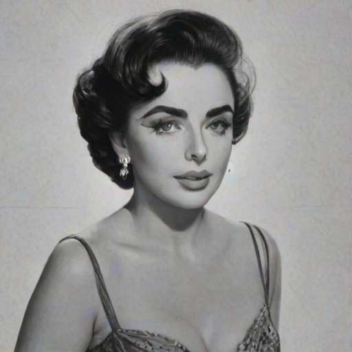 Superb Elizabeth Taylor, pencil sketch, portrait of Graceful woman 1947s in glasses, hair style beatnik, outline, clear lines, fine lines, 8k