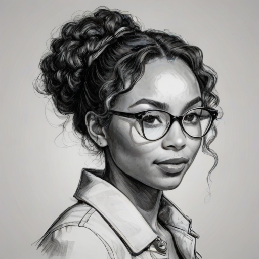 Pleasing Logan Browning, pencil sketch, portrait of Lovely woman 1974s in glasses, hair style beatnik, outline, clear lines, fine lines, 8k