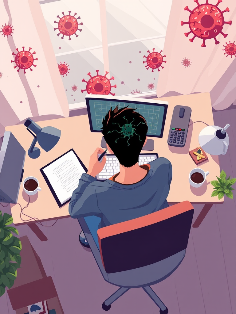 Create a high-resolution digital illustration of a person working from home at a desk, featuring a computer, notebook, and coffee cup, with a stylized background of floating virus icons, using a 50mm lens, f/2.8 aperture, ISO 200, and top-down view to emphasize the scene.
