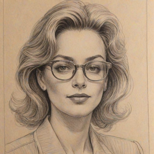 Fascinating Sadie Stanley, pencil sketch, portrait of Resplendent woman 1980s in glasses, hair style beatnik, outline, clear lines, fine lines, 8k