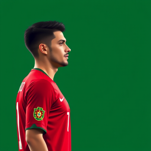 Create a high-quality digital illustration of a male soccer player in profile, wearing a red jersey with the number 7 and the Portugal crest, set against a solid green background, using a Canon EOS R5 camera, 50mm f/1.2 lens, aperture set at f/2.8, ISO 100, and soft lighting to emphasize facial features and jersey details.