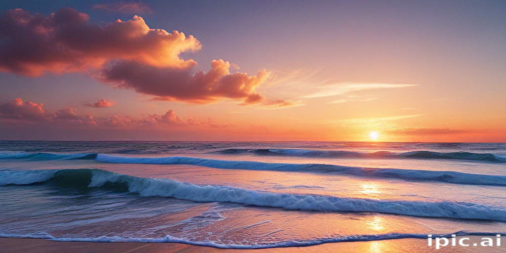 A Serene Sunset Over Gentle Waves on a Tranquil Beach Scene