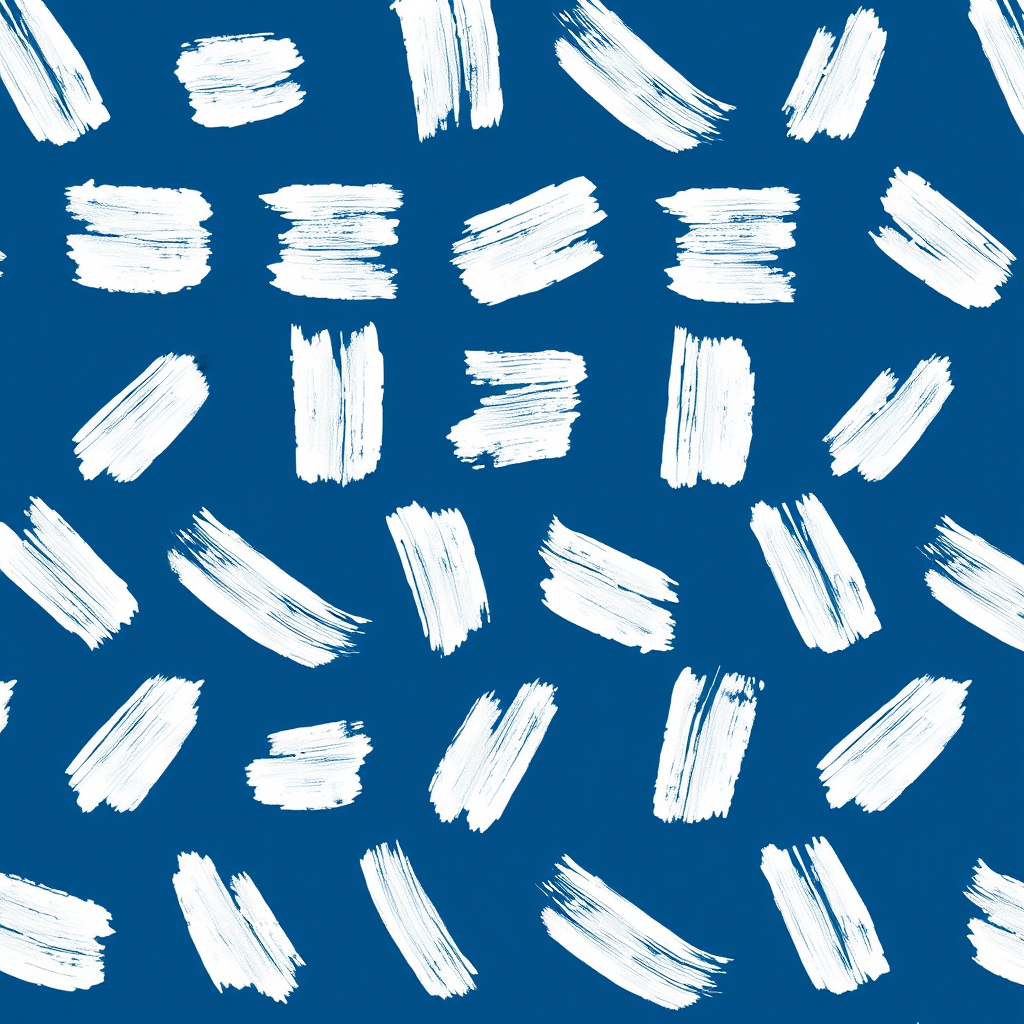 Create a seamless pattern of abstract white brushstroke shapes on a deep blue background, using a Canon EOS R5 with a 50mm f/1.2 lens, aperture set to f/8, ISO 100, and a focal length suited for capturing intricate details, ensuring high resolution and vibrant color contrast.