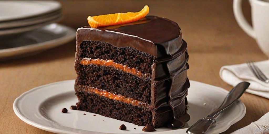 Create an image of a rich chocolate cake with three layers, featuring a smooth dark chocolate frosting. The cake should have a slice cut out, revealing a vibrant orange filling between the layers. The background should be elegant and dark, highlighting the cake’s glossy finish.