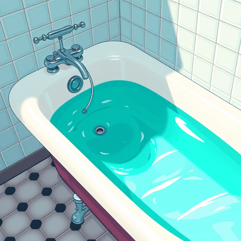 Create a high-resolution cartoon-style illustration of a vintage bathtub with vibrant turquoise water and a shiny faucet, using a Canon EOS R5 with a 50mm lens, aperture set to f/1.8 for a shallow depth of field, shot from an eye-level angle to enhance detail and dimension.