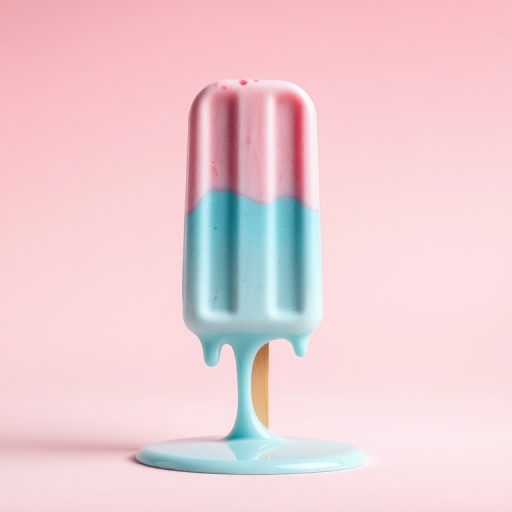 Generate a vibrant illustration of a melting pastel ice cream popsicle with pink and blue colors on a soft gradient background, using a Canon EOS R5 camera, 50mm lens, f/1.8 aperture, 1/250 sec shutter speed, and a shallow depth of field for enhanced focus on the popsicle.
