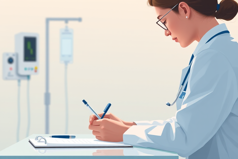 Create a digital illustration of a doctor writing notes with an IV stand in the background, using soft colors and a minimalist style, captured with a Canon EOS R5, 50mm lens, f/1.8 aperture, ISO 100, and a shallow depth of field to enhance the subject focus.