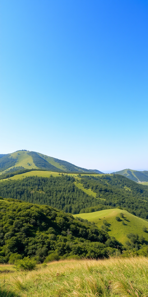 Create a high-resolution image of a serene landscape featuring lush green hills under a clear blue sky, captured with a DSLR camera at f/8 aperture, ISO 100, shutter speed 1/250 sec, using a wide-angle lens at 24mm, in natural lighting.