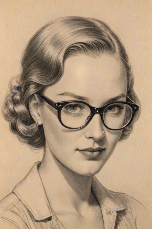 Captivating Virginia Roberts, pencil sketch, portrait of Beauteous woman 1935s in glasses, hair style beatnik, outline, clear lines, fine lines, 8k