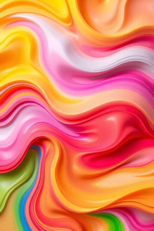 generate a vibrant abstract pattern with flowing waves of colors including yellow, orange, pink, red, blue, and green, high-resolution, 50mm lens, f/8 aperture, ISO 200, natural lighting, top-down view, digital art style, macro photography