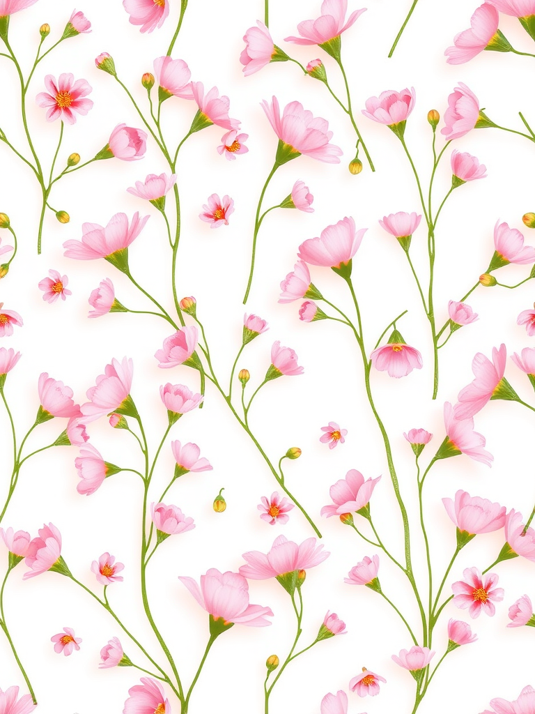 Create a seamless pattern featuring delicate pink flowers with green stems on a white background. The flowers should vary in size and orientation for a natural look.