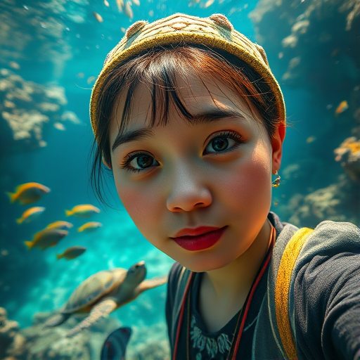 Realistic selfie image of a Hmong, wearing a vintage outfit, detailed dreamy eyes, droopy hooded eyes, staring at the camera, taken underwater at coral reef with a sunbeam filtering through the water, vibrant, summer vacation, natural lighting, turtle and school of tropical fish with vibrant colors, rendered in the style of CryEngine, Pegi Nicol MacLeod, with realistic genre scenes, hauntingly beautiful narratives, ultra-realism, and Thomas Saliot's close-up technique, 8K resolution, crystal clear and sparkling water.