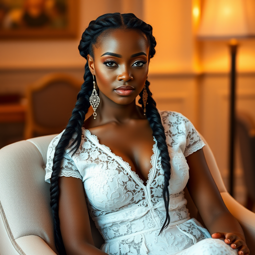 Create a portrait of a refined and elegant Zambo woman seated in a sophisticated setting. She has long, wavy hair styled in two thick braids that are pulled over her shoulders. She wears a white, lace gown with intricate patterns, featuring a deep V-neckline and short sleeves. The dress exudes a vintage charm with its delicate lacework. She is adorned with ornate, dangling earrings that add a touch of glamour to her appearance. The background is softly lit, with warm, ambient lighting that creates a cozy and inviting atmosphere. Her expression is poised and serene, capturing a sense of grace and elegance.