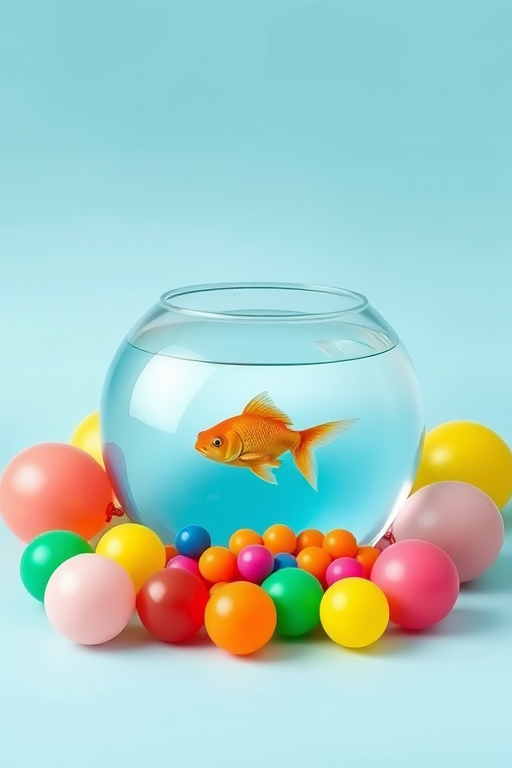 Create an illustration of a colorful fishbowl with a small goldfish inside, surrounded by vibrant balloons of various colors, set on a soft blue background, captured with a digital camera in a flat lay style, using a wide aperture of f/2.8 for a shallow depth of field, ISO 100 for low noise, and a focal length of 35mm for better clarity and detail.