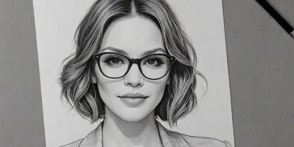 Appealing Katharine McPhee, pencil sketch, portrait of Sublime woman 1958s in glasses, hair style beatnik, outline, clear lines, fine lines, 8k