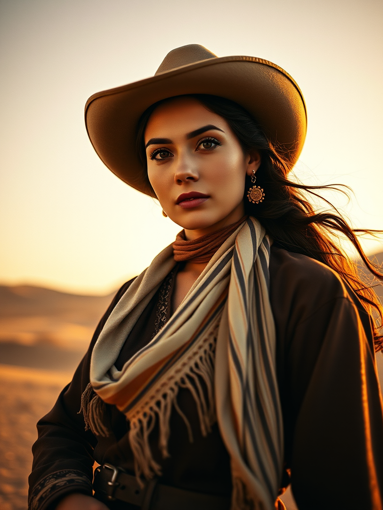 Dramatic photo of a beautiful Uyghur woman, classic cowboy attire, confident and free spirit expression, half-length portrait, centered, golden hour desert landscape, warm, diffused light, low angle, medium format film camera, in style of Annie Leibovitz.
