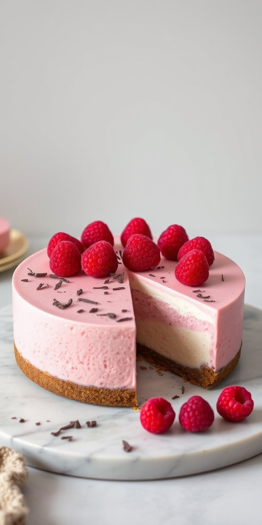 Create an image of a pink raspberry cheesecake topped with fresh raspberries and dark chocolate shavings, with a slice cut out to show the creamy texture inside, presented on a round marble platter.