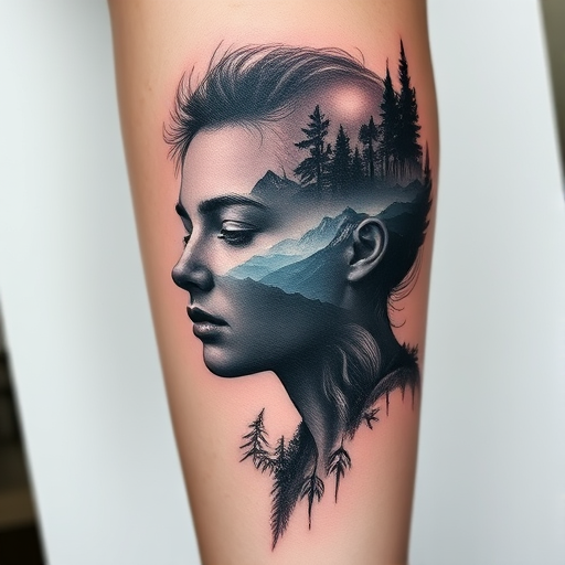 Surrealistic double exposure tattoo titled "Nature's Reverie" blending two distinct images - a majestic mountain landscape and a portrait of a contemplative face - seamlessly merged together to create a dreamlike scene where the boundaries between human and nature blur, utilizing fine linework and subtle shading to achieve a haunting and thought-provoking design