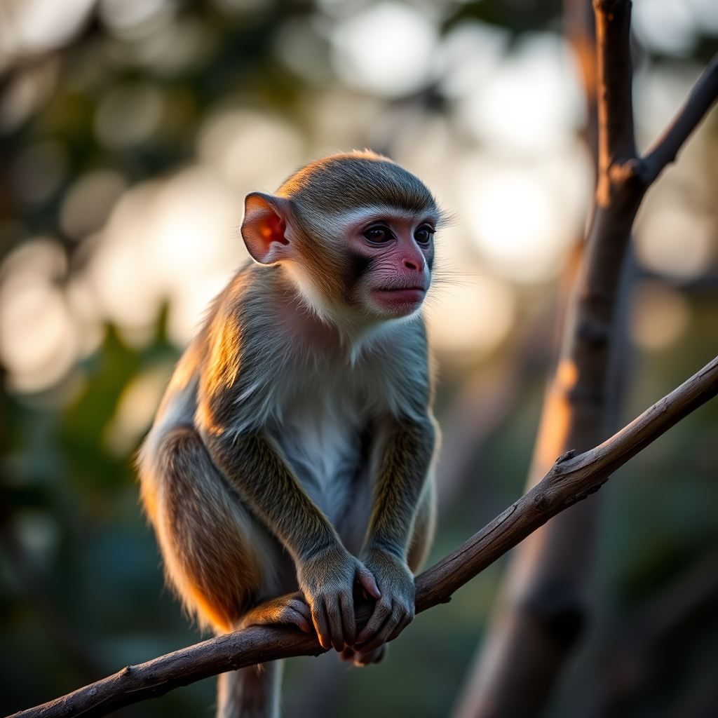 Capture a close-up of a squirrel monkey sitting on a branch, using a DSLR camera with a 50mm lens, aperture set to f/2.8 for a shallow depth of field, ISO 400 for better light sensitivity, in a natural habitat setting during the golden hour for warm lighting.