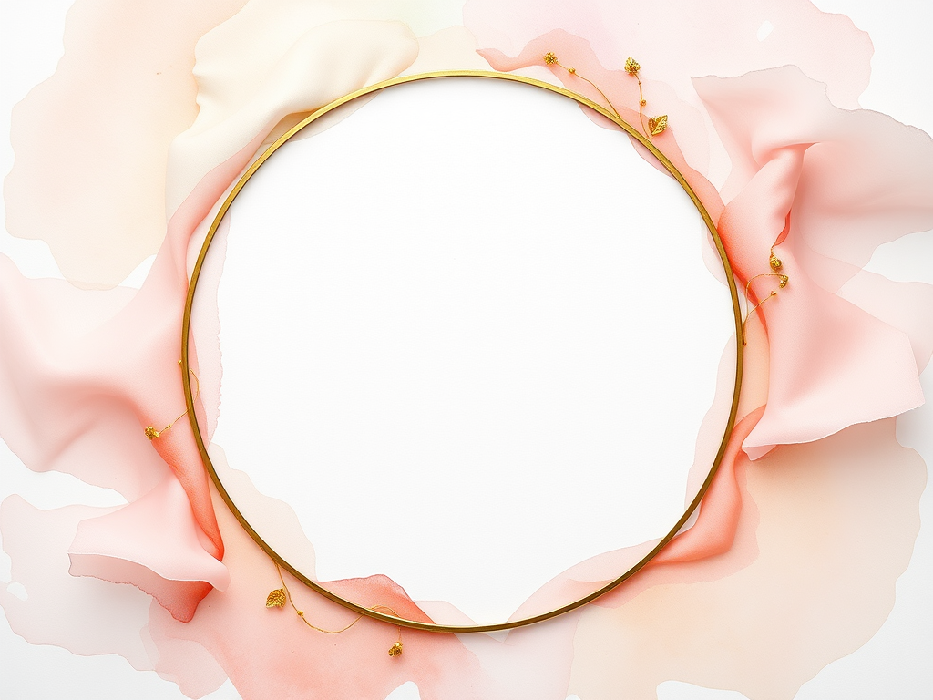 Create a high-resolution digital art image of an empty circular frame surrounded by soft, flowing pastel watercolors, with delicate gold leaf designs, taken with a DSLR camera set to f/2.8 aperture, ISO 100, 50mm lens, in a top-down view for an elegant composition.