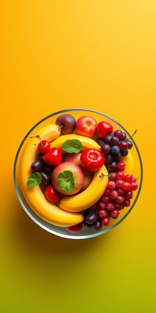 Create a vibrant digital illustration of a fruit bowl filled with various fruits like cherries, bananas, and grapes on a smooth glass bowl against a gradient orange to green background, shot with a DSLR camera at f/2.8, 50mm lens, ISO 100, top-down view for maximum detail and sharpness.