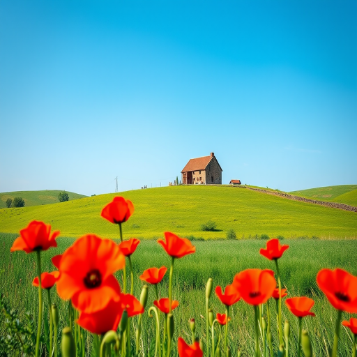 Landscape of a serene countryside with a rustic farmhouse atop a green hill, vibrant red poppies in the foreground, shot with a Canon EOS R5, 24mm lens, f/8 aperture, ISO 100, natural light, wide-angle perspective, emphasizing the detail in flowers and a bright blue sky.