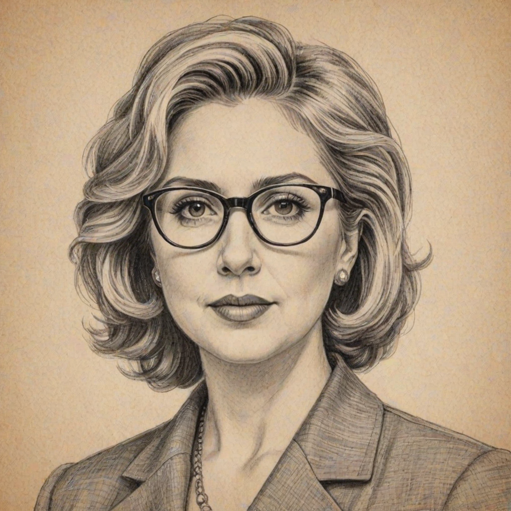 Fetching Hillary Scott, pencil sketch, portrait of Radiant woman 1945s in glasses, hair style beatnik, outline, clear lines, fine lines, 8k