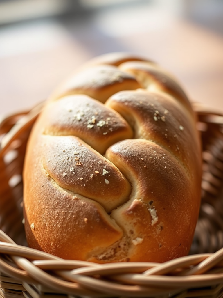 Capture a close-up of a beautifully braided bread loaf in a woven basket, natural light, with a Canon EOS R5, f/2.8 aperture, 50mm lens, ISO 100, and a shallow depth of field to enhance texture and detail.