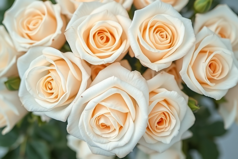 create a high-resolution image of white roses in soft focus, using an aperture of f/2.8, ISO 100, 50mm lens, top-down view, with natural soft lighting and a macro photography style