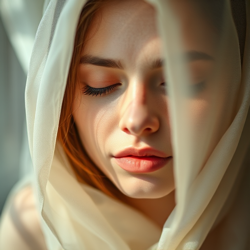 portrait of a person with their eyes closed, draped in a translucent fabric, soft natural lighting, focus on facial features, shallow depth of field, camera settings: f/1.8, ISO 100, shutter speed 1/200s, camera view from eye level, camera style: soft and dreamy, camera type: DSLR