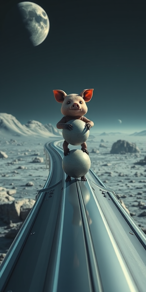 Create a futuristic scene featuring a humanoid creature with a pig-like face balancing two globes, set on a sleek, silver futuristic bridge in a lunar landscape, use a DSLR camera, 50mm lens, f/2.8 aperture, ISO 100, 1/250 sec shutter speed, high dynamic range for enhanced details.