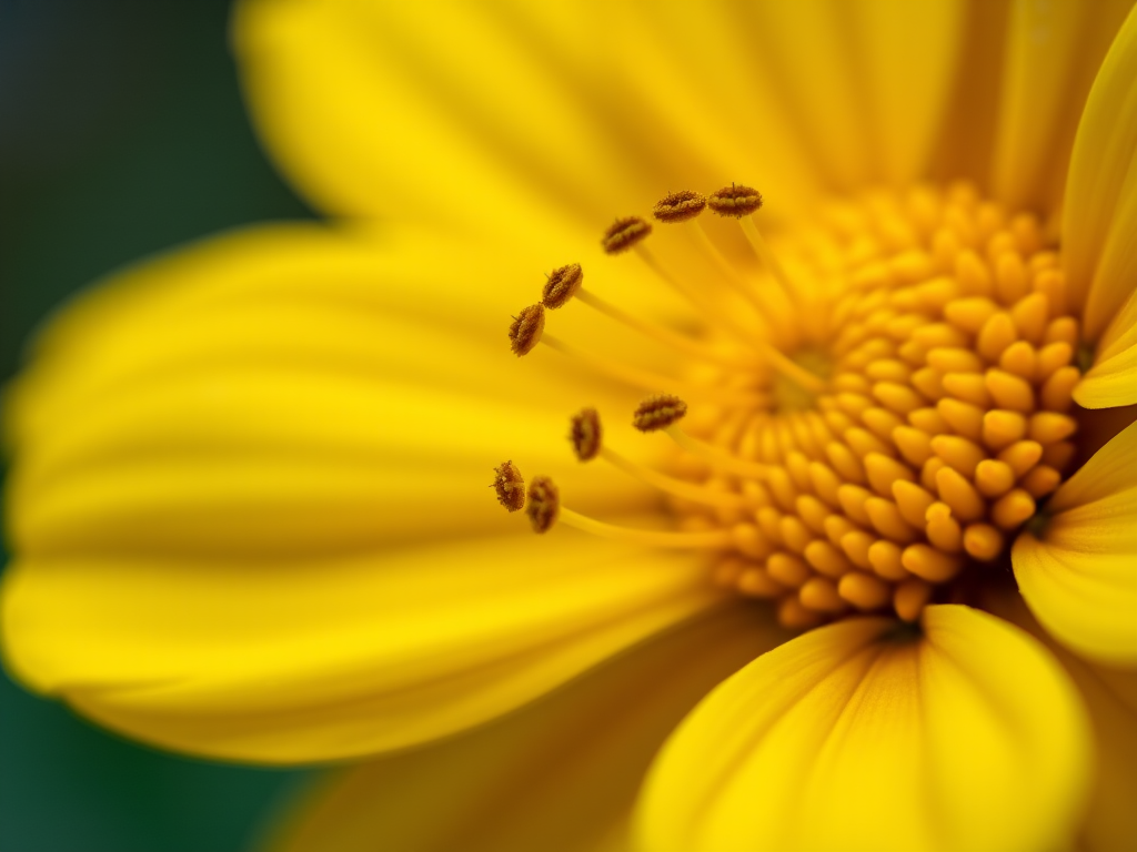 close-up of a vibrant yellow flower with intricate details, macro lens, f/2.8 aperture, 100mm focal length, ISO 100, soft focus background, natural lighting, DSLR camera