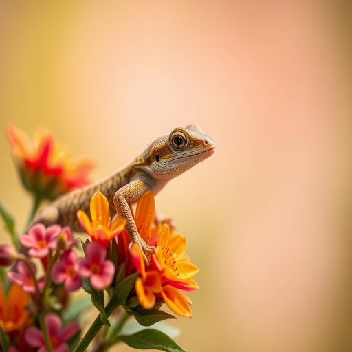 capture a close-up of a lizard perched on flowers with soft focus background, camera settings ISO 100, aperture f/4, shutter speed 1/250s, 50mm lens, natural light, macro photography style, DSLR camera