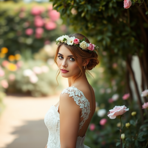 Garden scene, bridal model, delicate lace gown, floral headpiece, soft romantic focus, high-key lighting and an 85mm lens for soft, even tones that highlight the model’s face and bright outfit against a white or light background