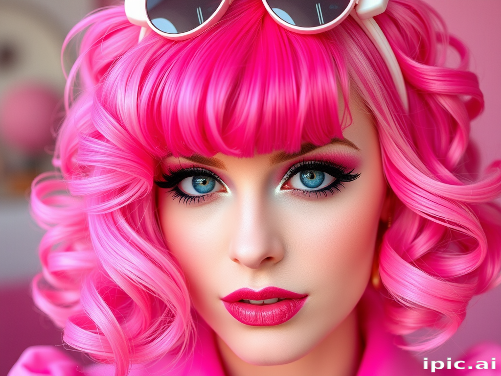 Whimsical close-up reveals Bubblegum Pop bob, vibrant hot pink hair with lighter pastel pink highlights, styled in voluminous retro-inspired curls with candy-shaped accessories