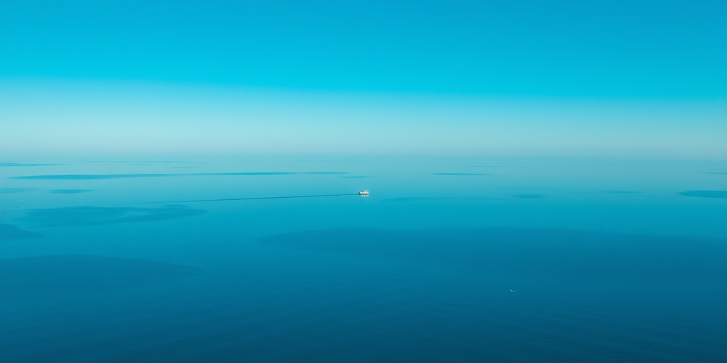 a serene landscape of a calm blue lake with a single boat in the distance, captured with a Canon EOS R5, 50mm lens at f/4, ISO 100, 1/200s, shot from a high vantage point to emphasize the vastness of the water and soft reflections on the surface, in natural lighting conditions.