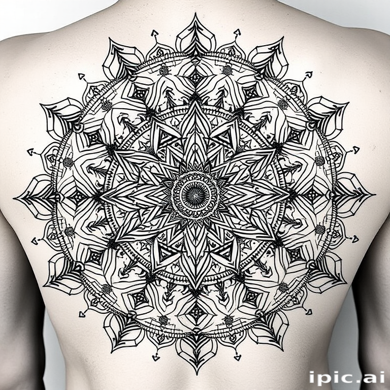 Intricate blackwork mandala tattoo, "Cosmic Geometry," composed of precise dotwork and fine lines forming intricate geometric patterns, radiating from a central point with gradually increasing complexity, incorporating sacred symbols and mystical elements, perfect for a full back or chest piece