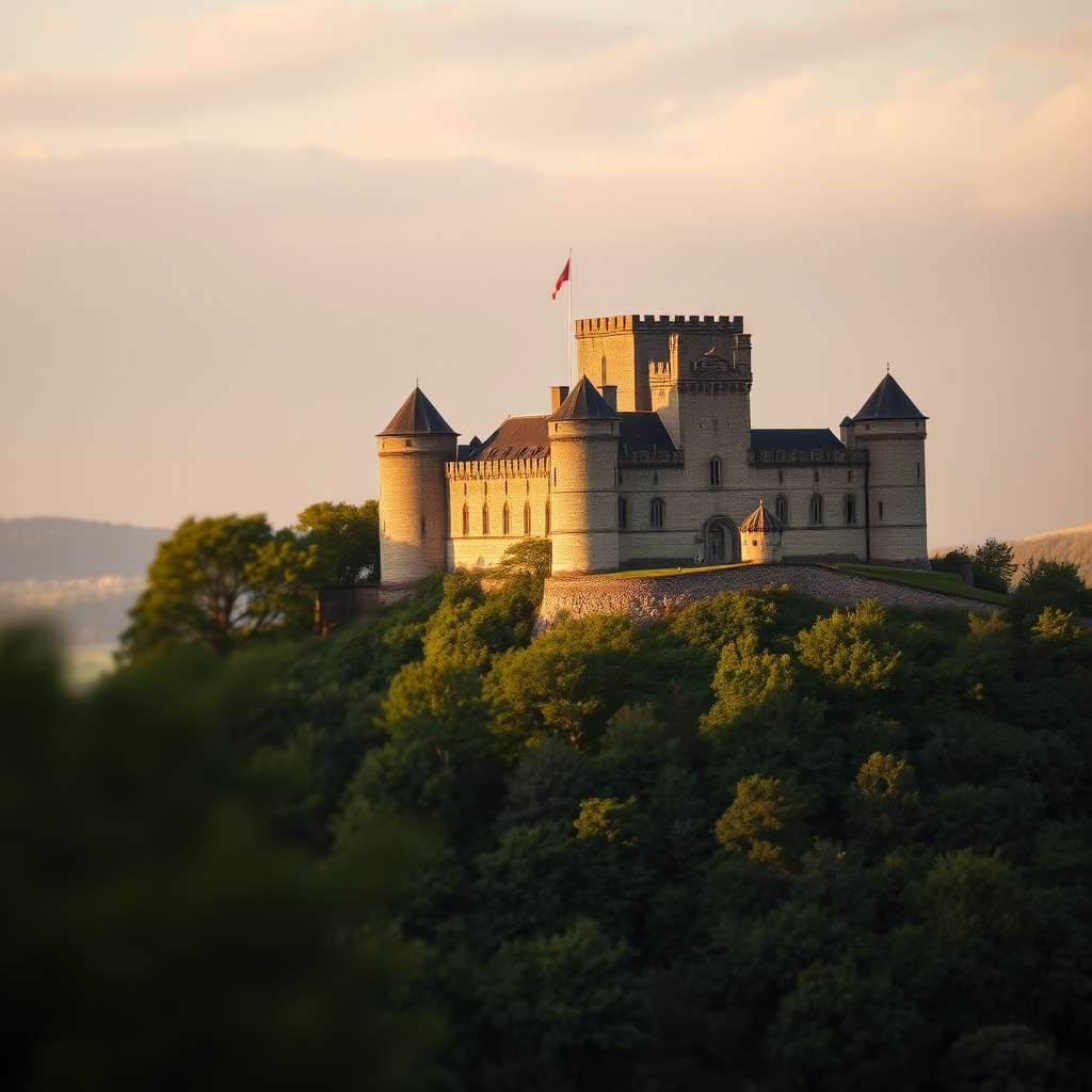 Soft-focus image of a historic castle on a hill, surrounded by lush greenery, with soft golden light from a setting sun casting long shadows on the castle walls.