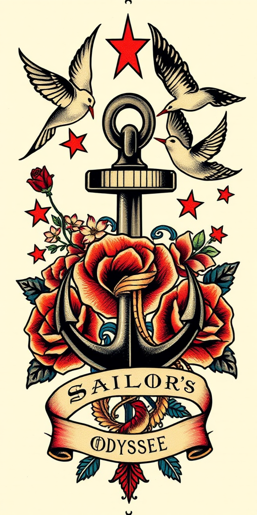 Vintage-inspired traditional American tattoo named "Sailor's Odyssey" featuring bold black outlines and vibrant primary colors, showcasing iconic maritime imagery such as anchors, swallows, and nautical stars intertwined with classic roses and banners, embodying the timeless appeal of old-school tattooing with a modern twist