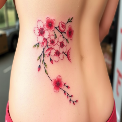 Elegant "Cherry Blossom Cascade" tattoo features delicate pink and white flowers cascading down the body in a graceful arc. Soft watercolor effects create a dreamy, romantic atmosphere, while fine black linework adds definition to each petal. Subtle green leaves and branches provide contrast, completing this beautiful and feminine design inspired by Japanese art and nature.