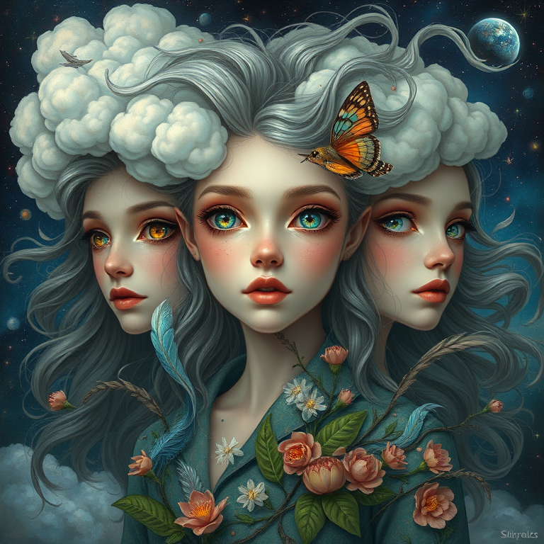 Create a series of imaginative portraits where each subject is infused with elements of fantasy and nature. The hair of the individuals should flow like clouds, varying from soft, fluffy cumulus to wispy cirrus strands, with hints of color reflecting a sunset or a clear blue sky. The eyes should be windows to entire galaxies, with stars, nebulae, and distant planets visible within them. Clothing should be adorned with nature motifs, such as floral patterns that bloom and change, vines that seem to grow and wrap around, or feathers that shimmer with iridescence. Each portrait should capture a unique personality, blending human features with the ethereal beauty of the natural and cosmic world. The backgrounds can vary, from starry night skies to enchanted forests, adding depth and context to the magical realism of the portraits