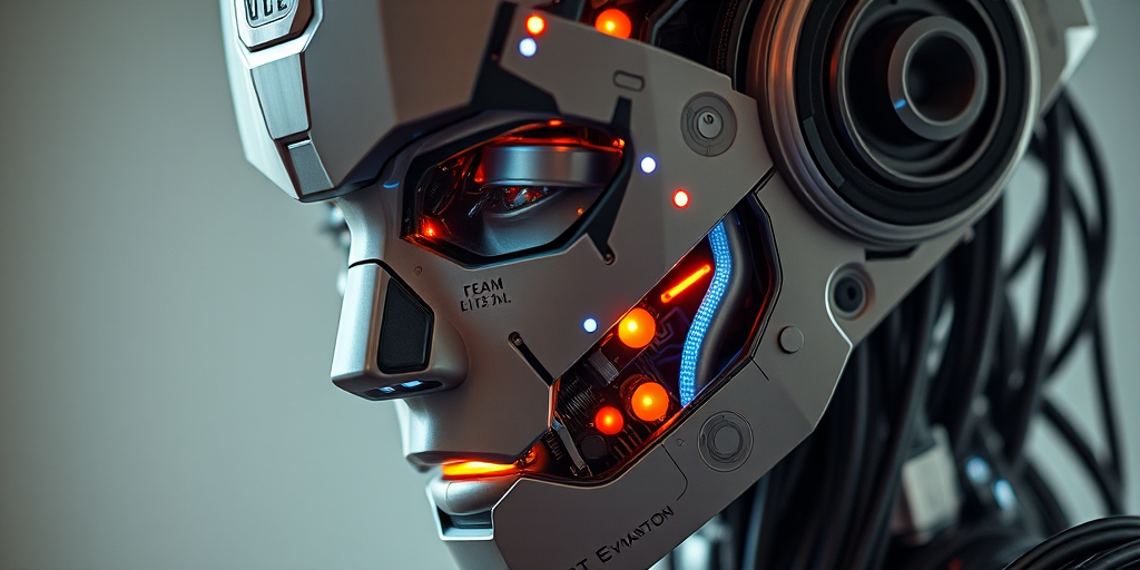 Create a highly detailed and futuristic robot portrait with a focus on intricate circuitry and glowing elements, shot with a Canon EOS R5 using a 50mm f/1.2 lens at ISO 100, aperture f/2.8, and shutter speed 1/160s, in soft natural lighting for a sleek and polished finish.