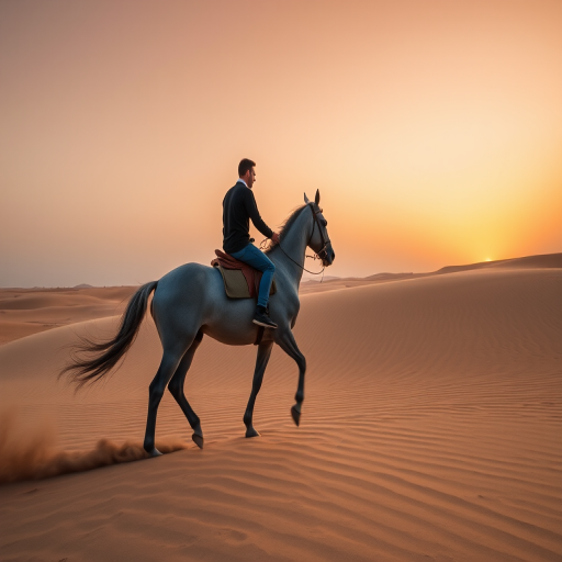 A man riding a gray horse on a sandy desert landscape at sunset, with soft lighting and a smooth gradient sky, captured with a DSLR camera at f/2.8, ISO 100, 1/500 sec, shot from a low angle to emphasize the horse's movement and the vastness of the desert.