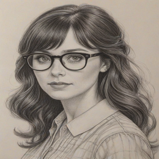 Resplendent Zooey Deschanel, pencil sketch, portrait of Alluring woman 1971s in glasses, hair style beatnik, outline, clear lines, fine lines, 8k