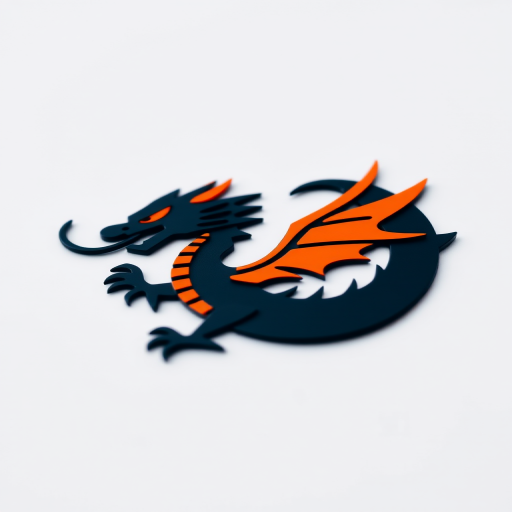 Create a high-resolution image of a stylized dragon logo featuring black and orange colors on a gradient background, captured with a DSLR camera at f/2.8, ISO 100, 50mm lens, shot in a macro view to emphasize details and enhance image quality.