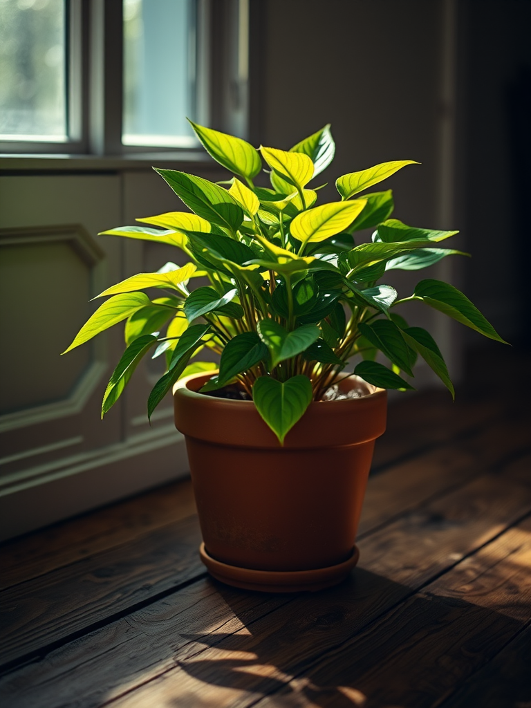 A vibrant potted plant with lush green leaves in a terracotta pot placed on a rustic wooden floor illuminated by soft, dramatic lighting, captured with a DSLR camera at f/1.8 aperture, 50mm lens, ISO 100, and a shallow depth of field for enhanced focus on the plant.